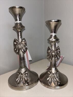 Cupcakes and Cashmere Silver Bow Candle Holders Set With One 10” And 8.5” Stick
